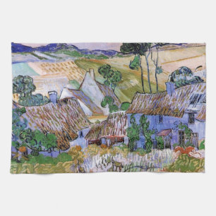 Thatched Roof Cottages by Hill by Vincent van Gogh Tea Towel