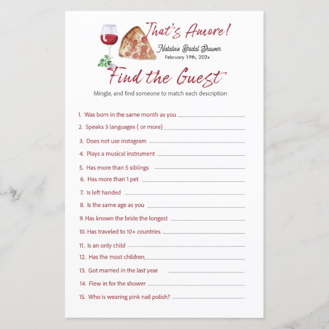That's Amore Bingo Bridal Shower Game (Front)