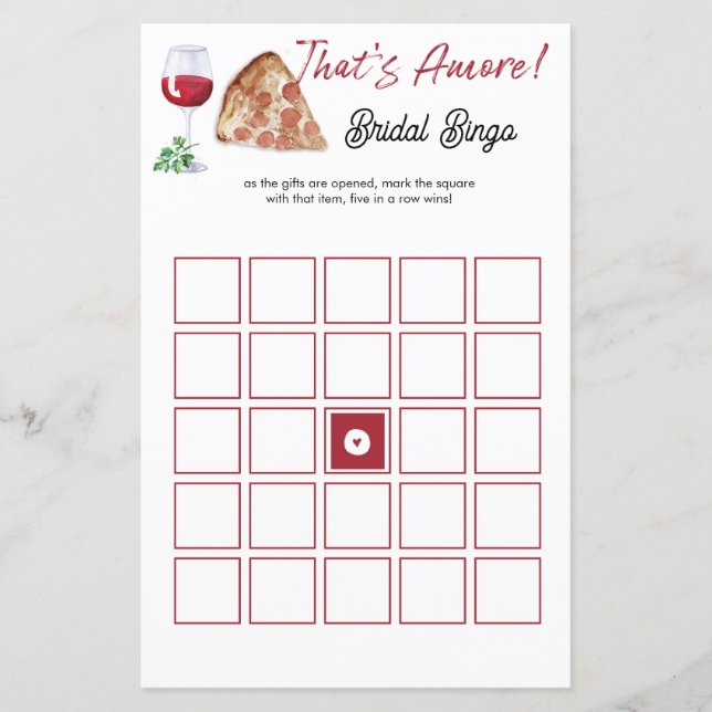 That's Amore Bingo Bridal Shower Game (Front)