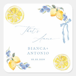 That's Amore Blue Bow Lemons Italian Wedding Favor Square Sticker
