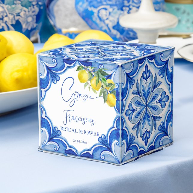 That's amore Blue tile lemon Italian bridal shower Favour Box (That's amore vintage Italian Blue tiles lemons bridal shower printed bonboniere candy Favor Boxes)