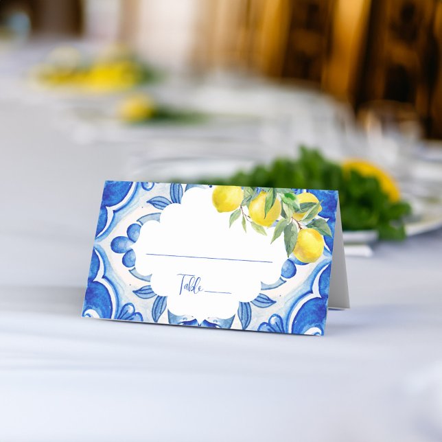 That's amore Blue tile lemon Italian bridal shower Place Card (That's amore vintage Italian Blue tile lemon bridal shower wedding Place Card personalized decor)