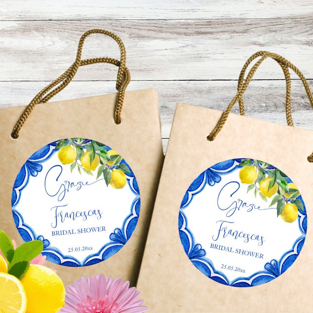 That's amore Blue tile lemon Italian favour Classic Round Sticker (That's amore Blue tile lemon vintage Italian bridal shower thank you favor printed Sticker template)