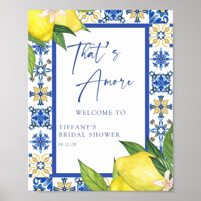 Thats Amore Blue Tiles Lemons Bridal Shower Sign (Front)