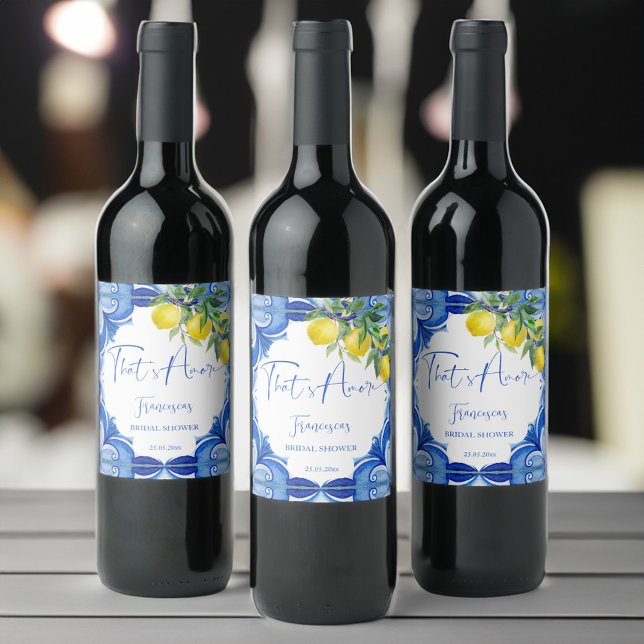 That's amore blue tiles lemons Italian Wine Label (That's amore blue tiles lemons vintage Italian bridal shower personalized printed wine labels)