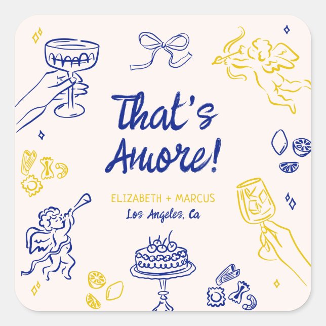 That's Amore! Blue & Yellow Italian Engagement Square Sticker (Front)