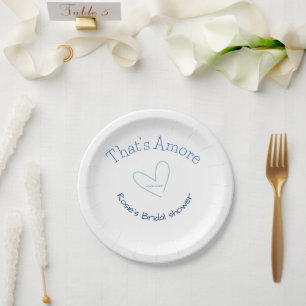 THATS AMORE BRIDAL SHOWER BLUE HEART NAME DATE SIM PAPER PLATE
