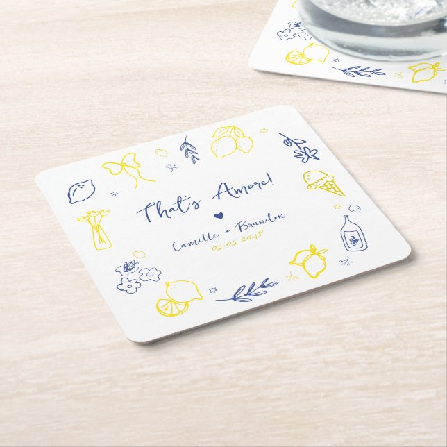 Thats Amore Hand Drawn Italian Engagement Party Square Paper Coaster (Angled)