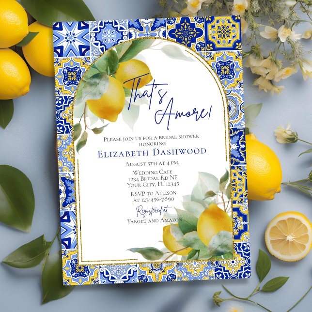 That's Amore Italian Blue Tile Lemon Bridal Shower Invitation (Creator Uploaded)