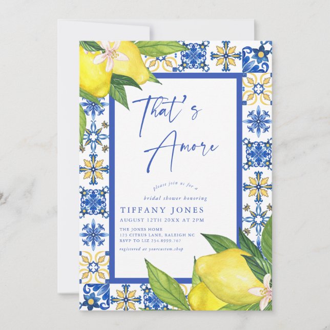 Thats Amore Italian Blue Tiles Lemon Bridal Shower Invitation (Front)