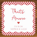 That's Amore Italian Chic Personalised Red Wedding Square Paper Coaster<br><div class="desc">Indulge in a touch of Italian romance with our chic 'That's Amore' coasters,  exclusively on Zazzle. This design features a nostalgic red and white chequered border paired with a whimsical heart design on the front,  capturing the essence of love and charm.</div>