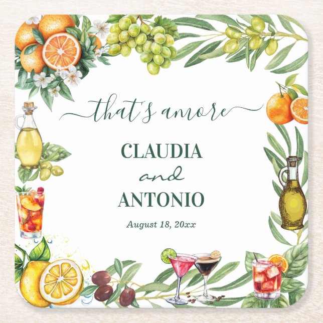 That's Amore Italian Citrus Wedding Square Paper Coaster (Front)