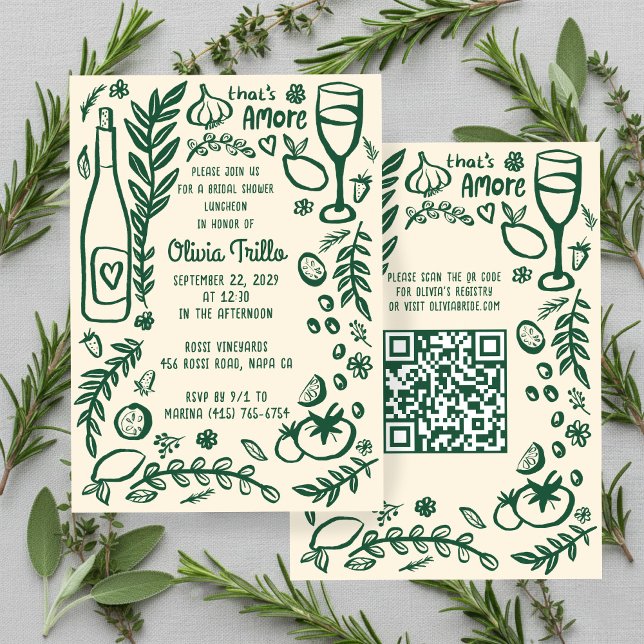 That's Amore Italian Food CUSTOM Bridal Shower QR  Invitation (That's Amore Italian Food Hand-drawn Doodle CUSTOM QR Code Bridal Shower Party Invitation
)