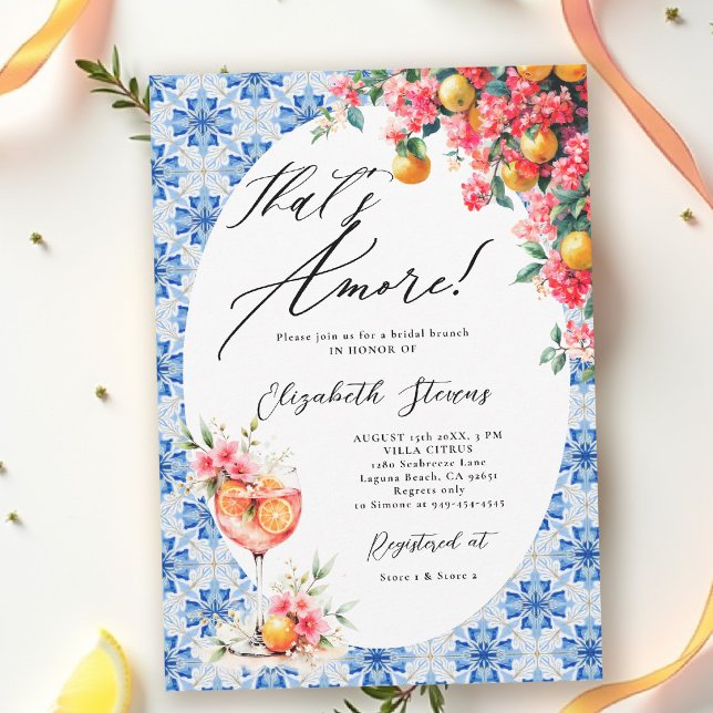 Thats Amore Italian Lemon Floral Bridal Shower  Invitation (thats amore italian themed bridal shower invitation lemon and blue watercolor floral bouganvillea)