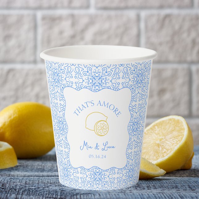 That's Amore Lemon Blue Tiles Amalfi Italy Wedding Paper Cups (Celebrate love Italian-style with these customizable 'That's Amore' cups, perfect for your wedding.)