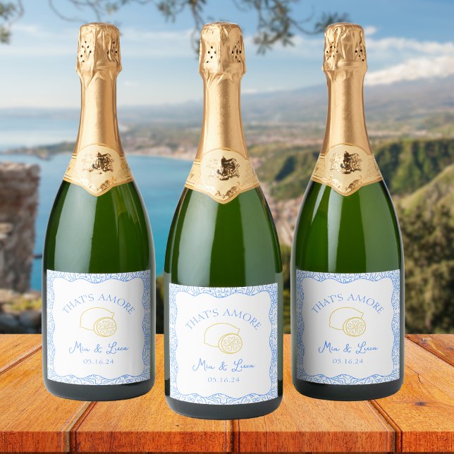 That's Amore Lemon Blue Tiles Amalfi Italy Wedding Sparkling Wine Label (These custom lemon champagne labels bring a luxurious Mediterranean feel to your Italian destination)