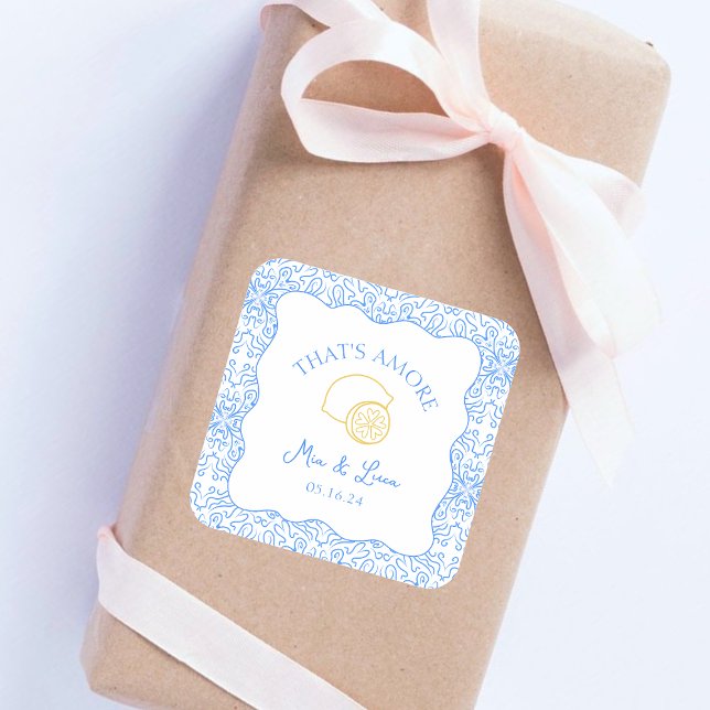That's Amore Lemon Blue Tiles Amalfi Italy Wedding Square Sticker (Creator Uploaded)