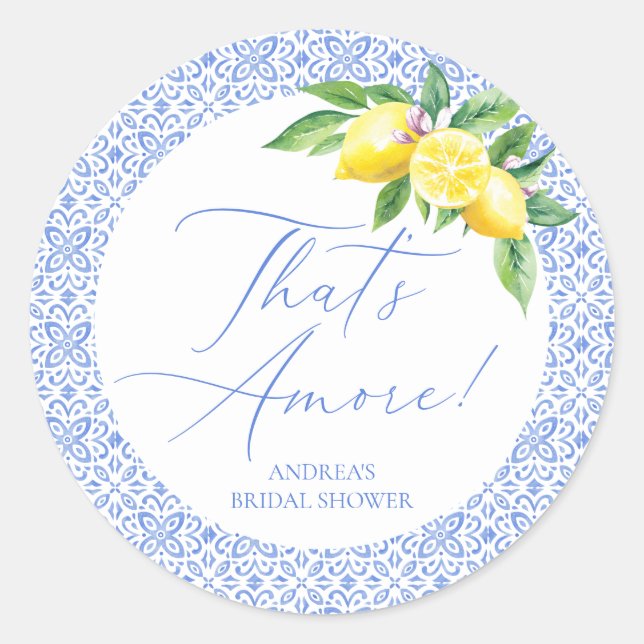 That's Amore Lemon Italian Blue Tile Bridal Shower Classic Round Sticker (Front)