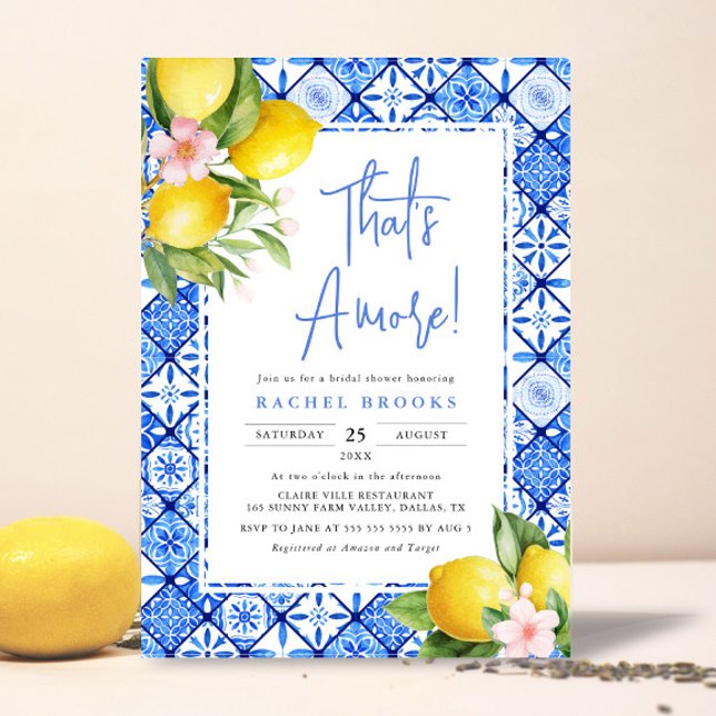 That's Amore Lemon Italian Blue Tile Bridal Shower Invitation (Creator Uploaded)