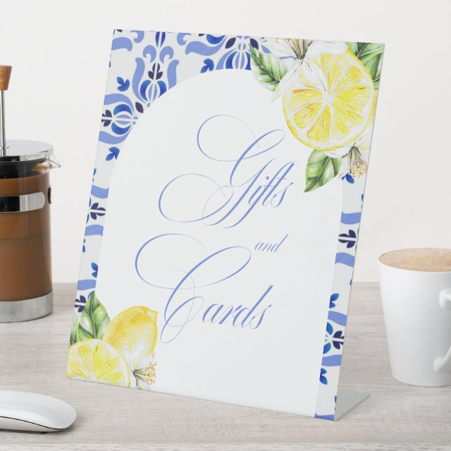 That's Amore Lemon Italian Blue Tile Bridal Shower Pedestal Sign (In SItu)