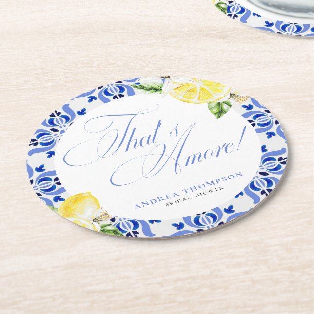 That's Amore Lemon Italian Blue Tile Bridal Shower Round Paper Coaster (Angled)