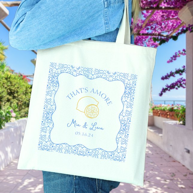 That's Amore Personalised Amalfi Coast Wedding Tote Bag (Add a playful touch to your wedding favors with this 'That's Amore' lemon-themed personalized tote.)