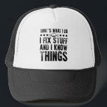 That's What I Do I Fix Stuff Funny Mechanic Trucker Hat<br><div class="desc">Make your own trucker hat. The design tool allows you to add your art, designs, or photos to create a unique all American trucker hat! You can add text using cool fonts and see a preview of your creation! Our simple to personalise Trucker Hat has no minimum orders & is...</div>