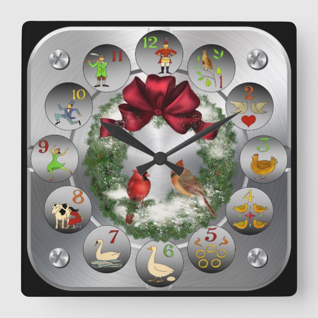 The 12 Days Of Christmas ~ Cardinals Wreath ~ Square Wall Clock (Front)