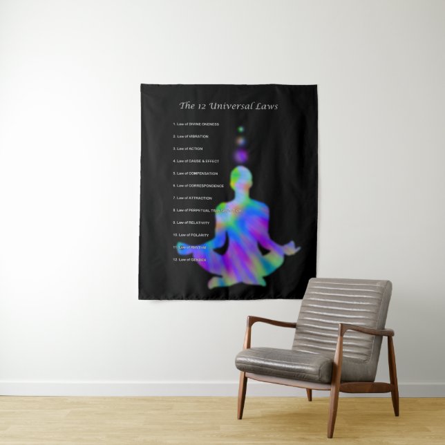 The 12 Universal Laws - Colourful Yoga Silhouette Tapestry (In Situ)