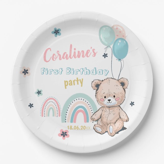 The 1st Birthday Paper Plate with cute teddy bear (Front)