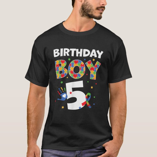 The 5th Birthday Boy Autism Awareness Puzzle Piece T-Shirt (Front)