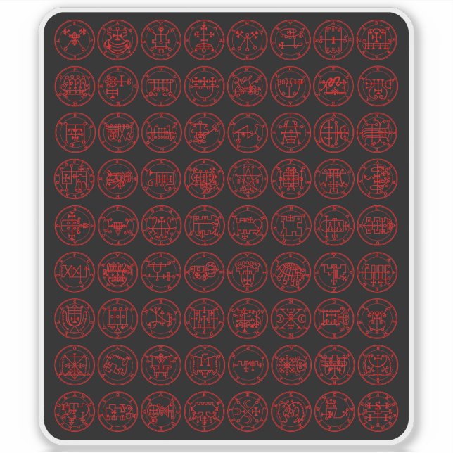 The 72 Demon Sigils Of Ars Goetia (red on black) (Front)