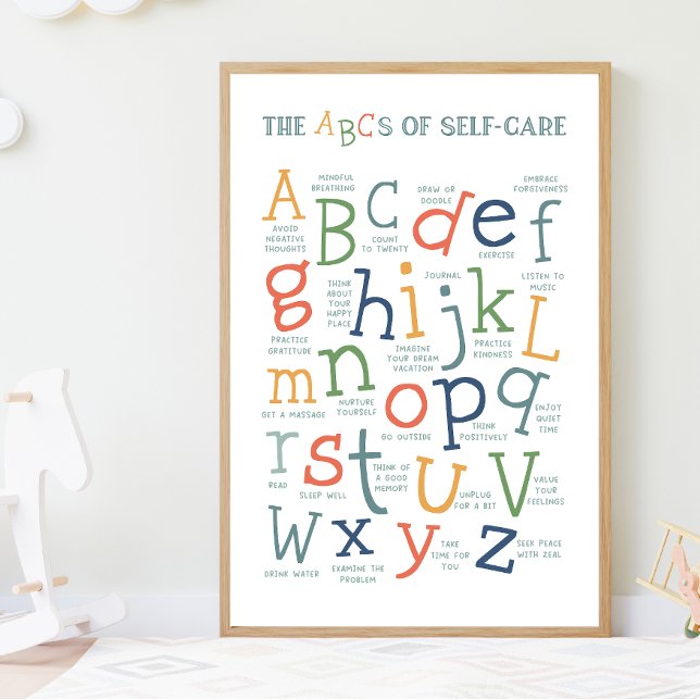 The ABCs of Self Care Social Emotional Learning Poster (abcs of self-care, self care, affirmations, mental health, classroom posters, montessori, colorful)