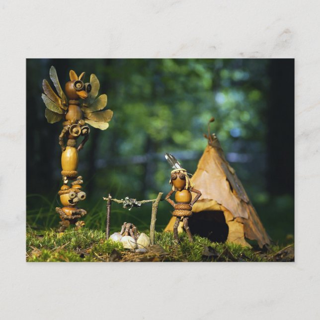 The acorn elves are playing Indian. Summer camping Postcard (Front)