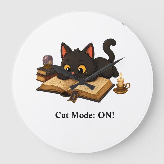 The adorable black cat Ziggy is reading a book. Large Clock (Front)