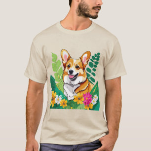 The adorable Corgi is laughing among the flowers T-Shirt