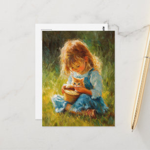 The Adorable Little Girl and Her Kitten Postcard