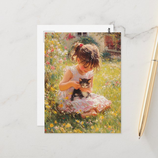 The Adorable Little Girl in Pink and Her Kitten Postcard (Front/Back In Situ)