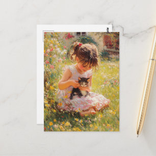 The Adorable Little Girl in Pink and Her Kitten Postcard