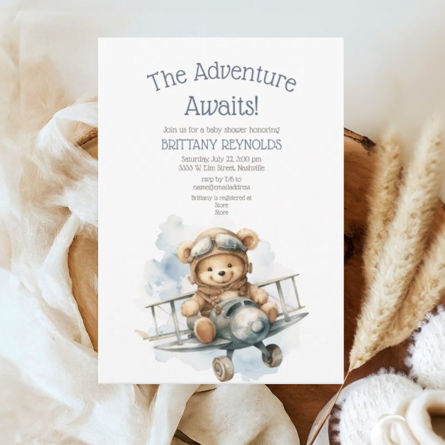 The Adventure Awaits Aeroplane Bear Baby Shower Invitation (Creator Uploaded)