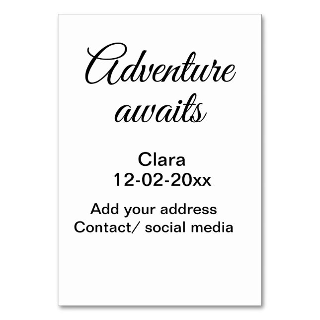 The adventure begins add name date year place table number (Front)