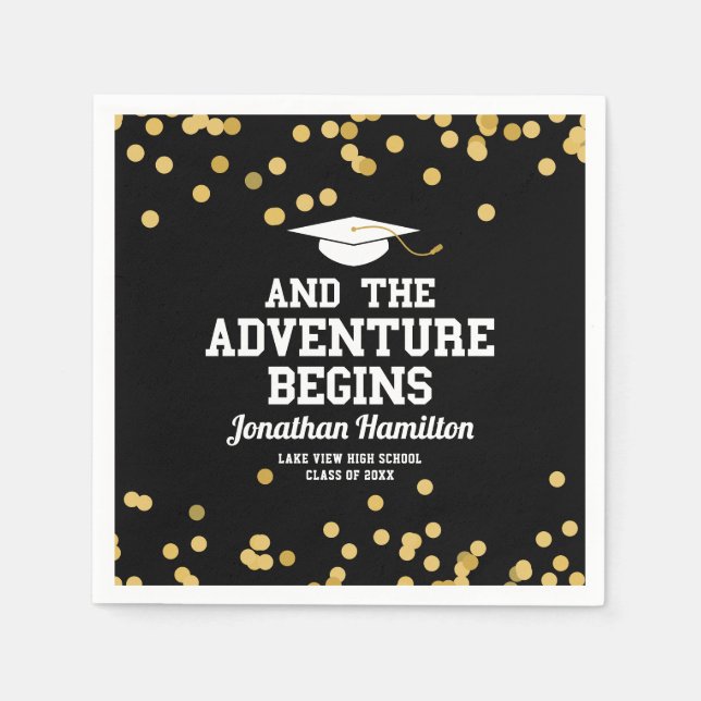 The Adventure Begins Black Gold Grad Party Napkin (Front)