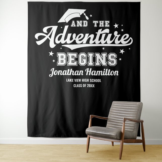 The Adventure Begins Black Grad Party Backdrop Tapestry (In Situ)