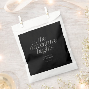 The Adventure Begins Black Minimalist Wedding Favour Bags