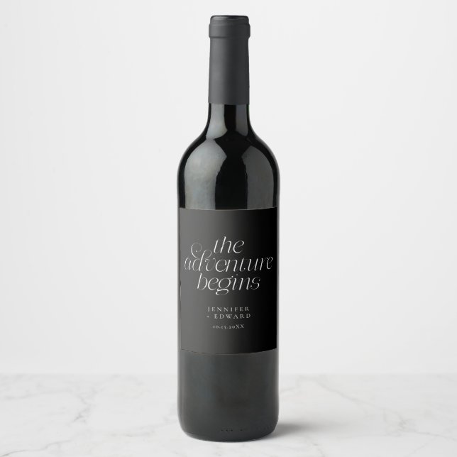 The Adventure Begins Black Wedding Wine Label (Front)