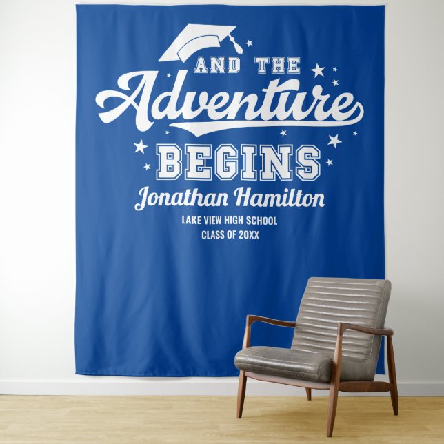 The Adventure Begins Blue Grad Party Backdrop Tapestry (In Situ)