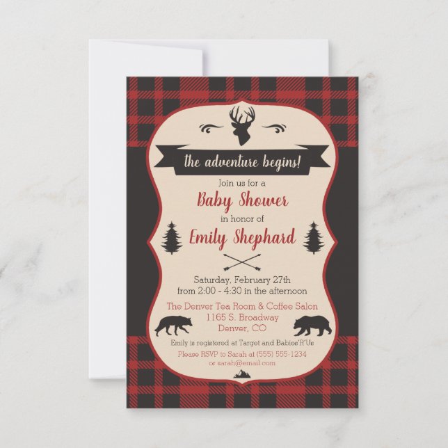 The Adventure Begins!  Buffalo Plaid Baby Shower Invitation (Front)