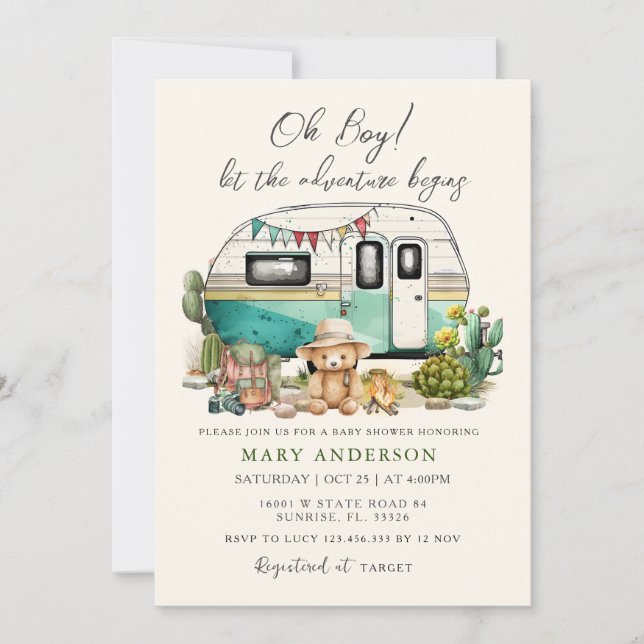 The Adventure Begins Camper Summer Baby Shower  Invitation (Front)