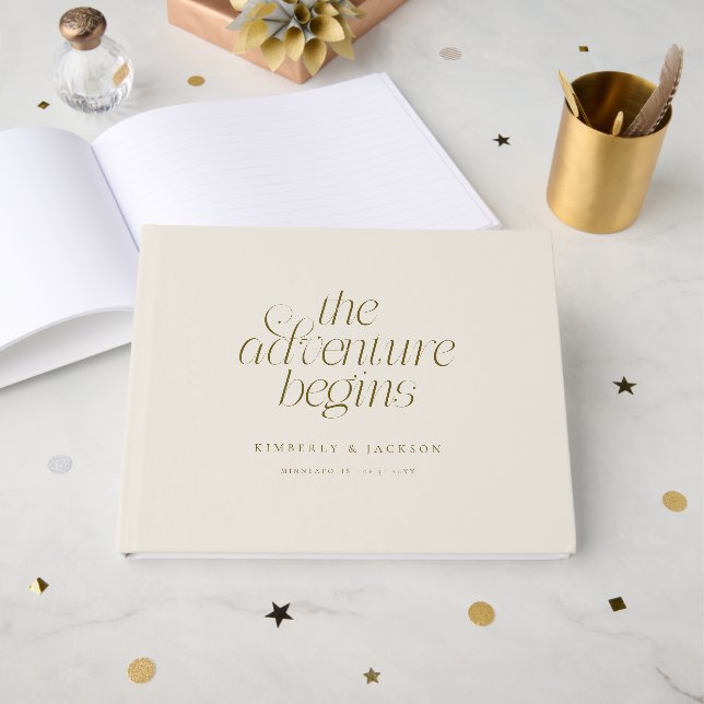 The Adventure Begins Cream Wedding Guest Book (Front Open)