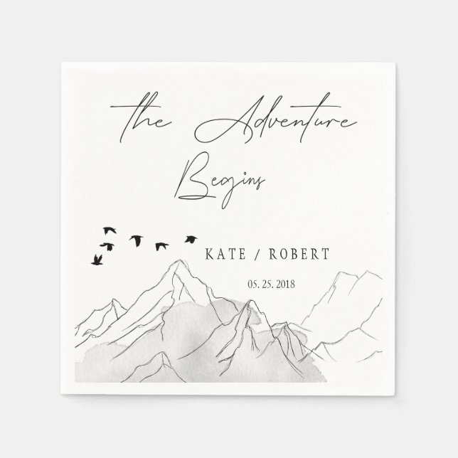 The Adventure Begins ⎥ Elegant Stencil Wedding Napkin (Front)